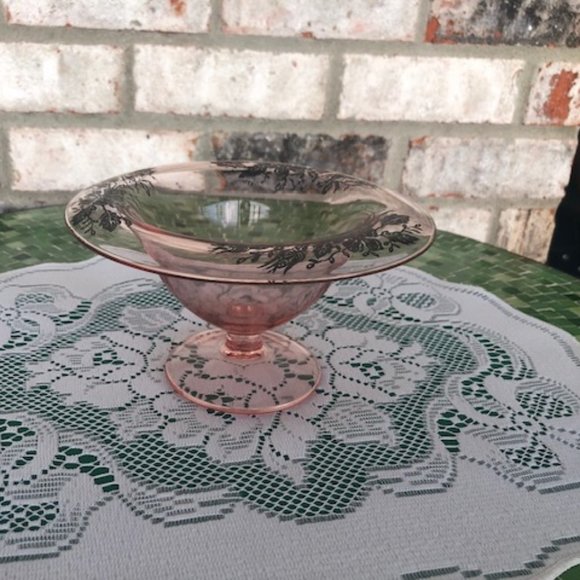 PINK DEPRESSION PEDESTAL CONDIMENT BOWL WITH STERLING OVERLAY FLOWERS - Picture 1 of 7